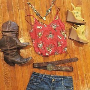Rustic Floral Spaghetti Strap Blouse